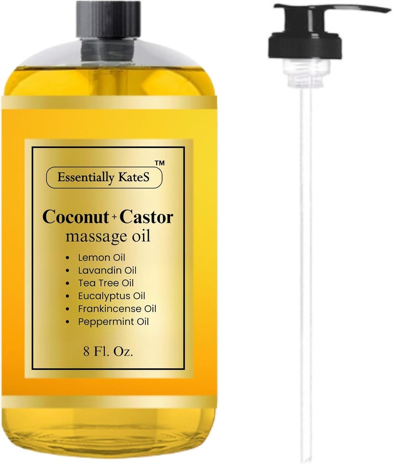 Coconut + Castor Massage Oil 8 Fl Oz - Multi-Purpose Moisturizer - Infused with 100% Pure Essential Oils - Skin Care, Body Massage, Hair Care, & Nail Care